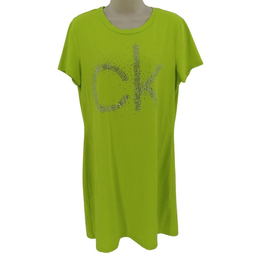 Calvin Klein Womens Large Yellow Green White Rhinestone Bling Tee T Shirt Dress